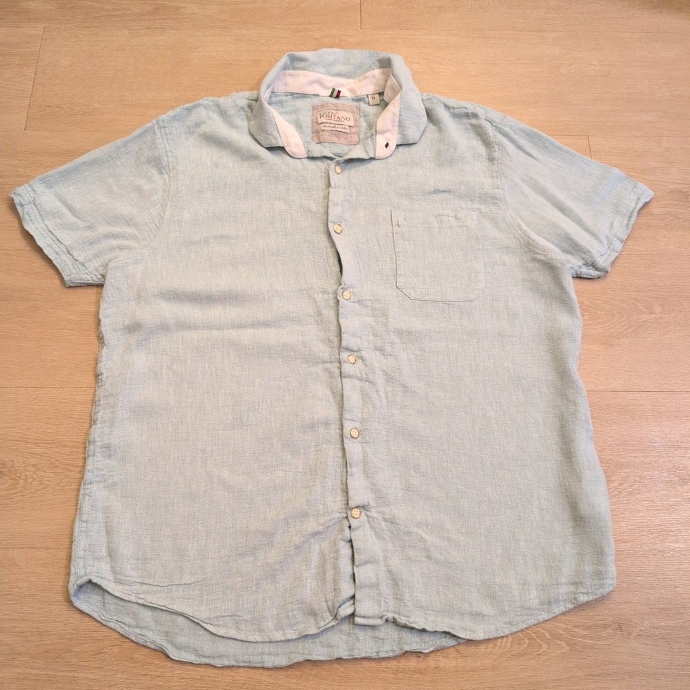 Bruno Positano Washable Linen Shirt Mens XL Light Blue Short Sleeve Button Down